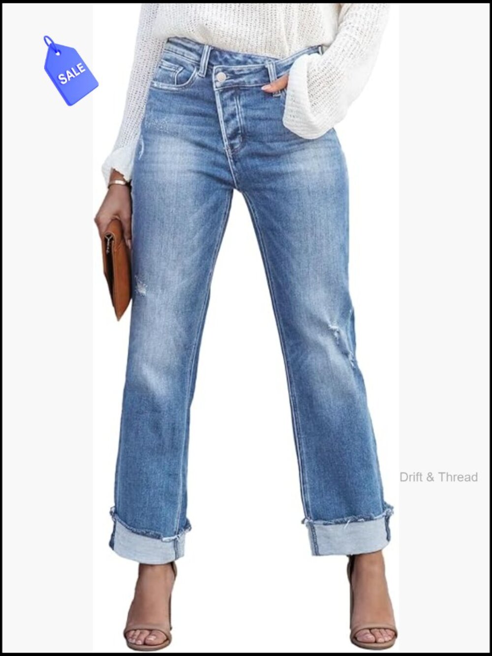 Trendy High Waisted Crossover Boyfriend Jeans Distressed Stretchy Denim Pants